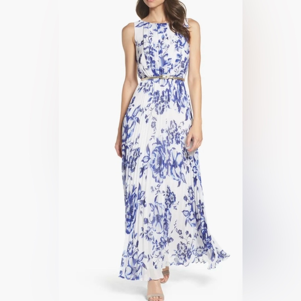 Eliza J Pleated Floral Chiffon Maxi Dress Size 2